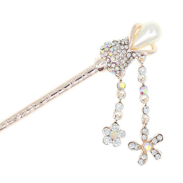 Gold Finish Tulip Rhinestone & Pearl Hair Stick w/ Floral Tassels